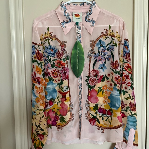 FARM Rio Pink Garden Terrace Floral Button-ip Long Sleeve Viscose Shirt in Large - Picture 3 of 4